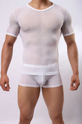 Man wearing a slim fit, transparent mesh short-sleeved T-shirt in a solid colour.