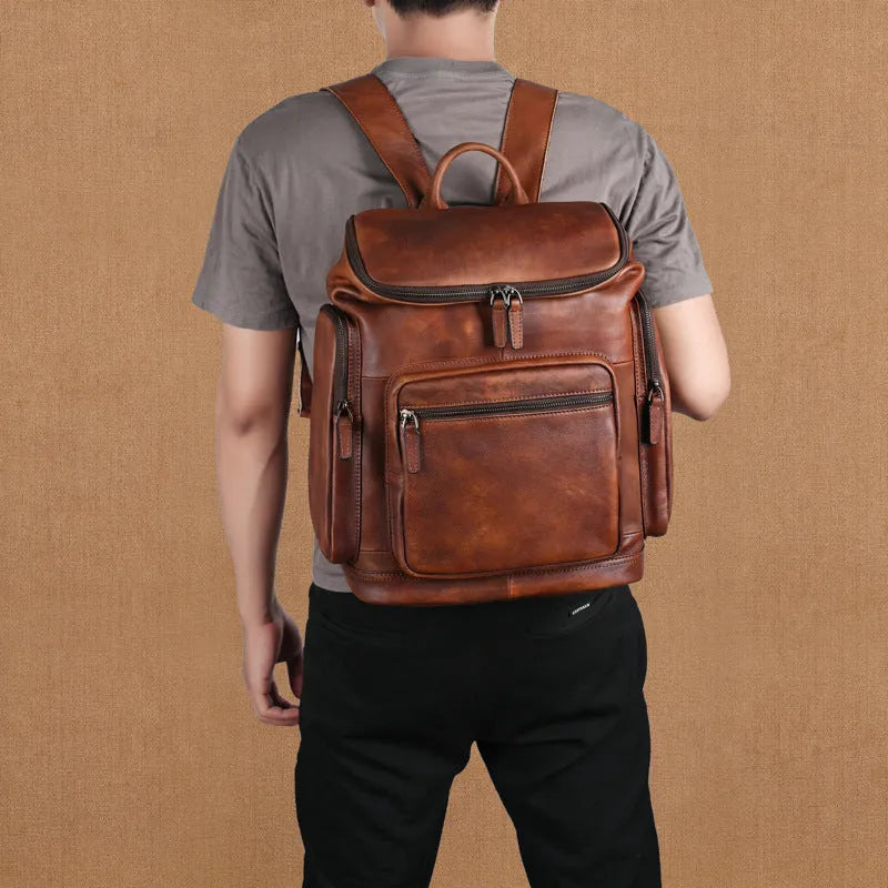 Genuine retro double-layer cowhide backpack for men in light brown with patchwork detailing