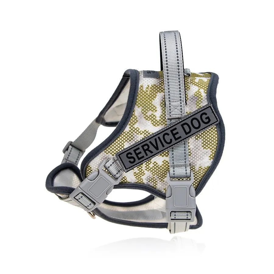 Colourful reflective dog harness with anti-strangulation design in camouflage pattern.