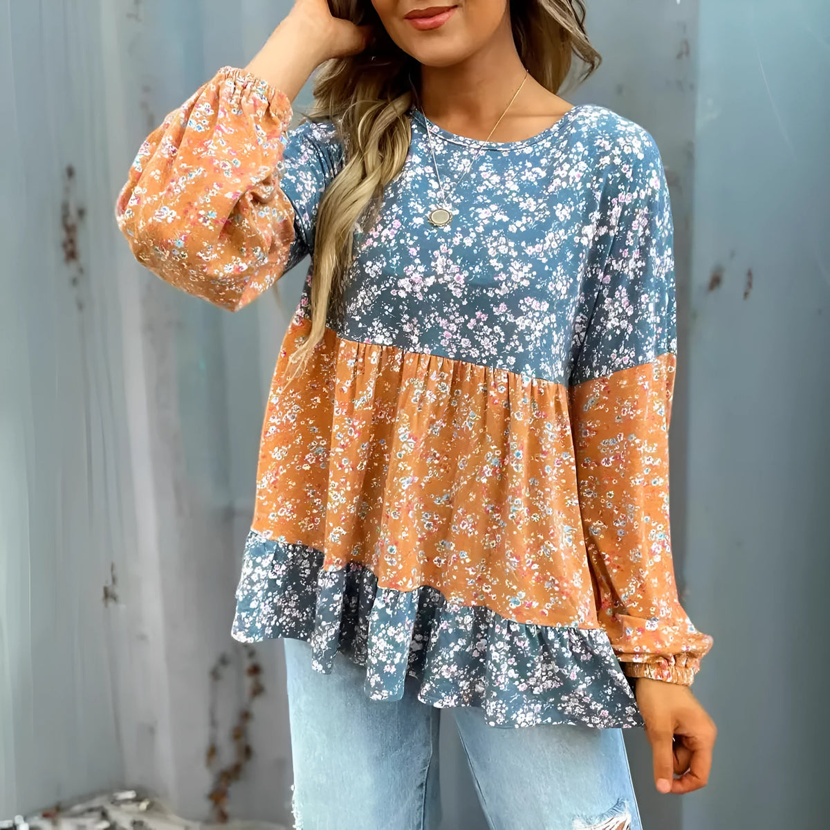 Women's digital printed floral chiffon shirt in orange with contrast colour, loose pullover style, round neck