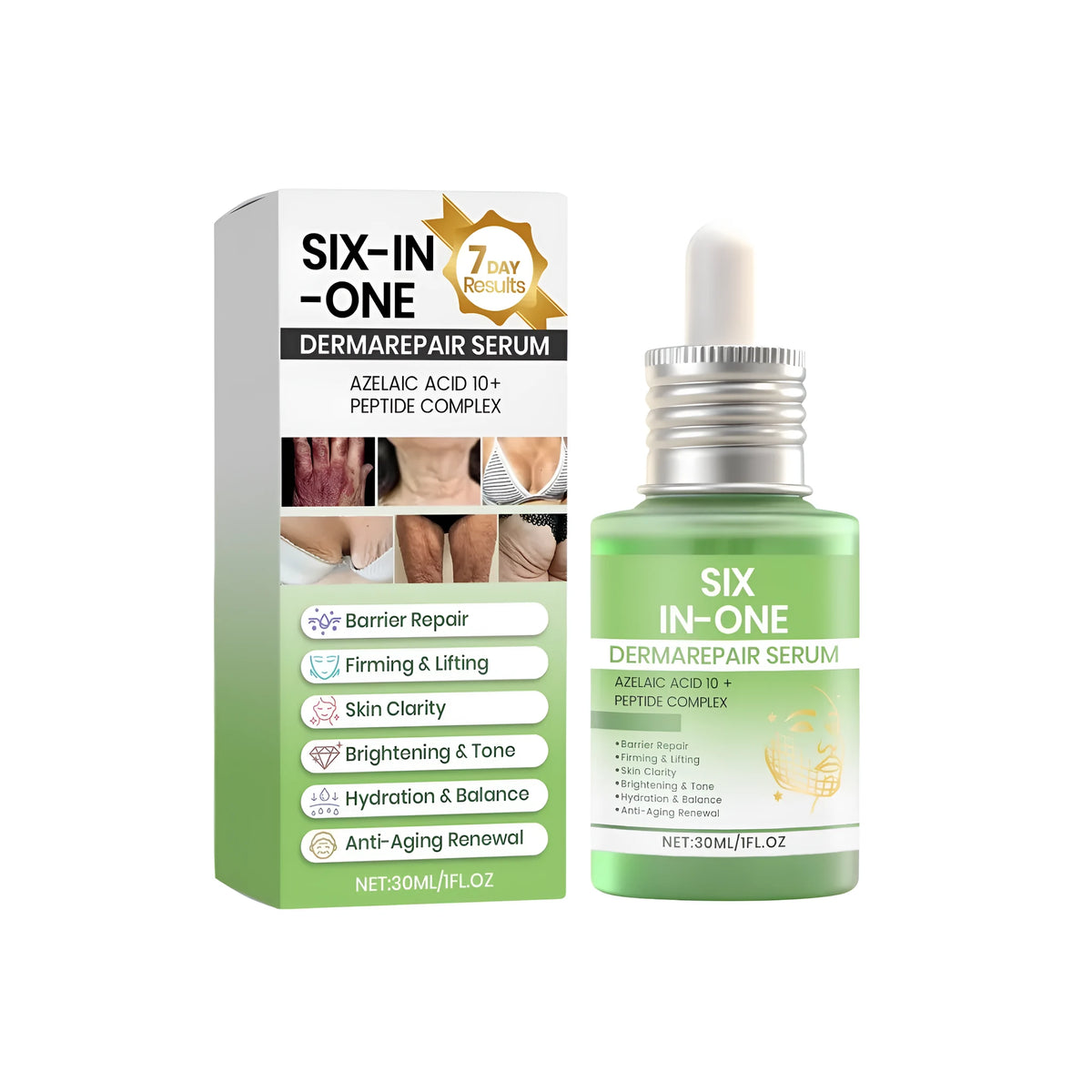 Skin Firming Liquid 30ml bottle with ingredients list including retinol, azelaic acid, and hyaluronic acid.