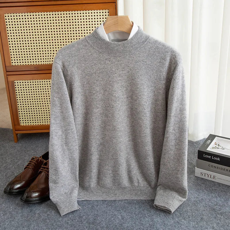 Men's half-turtleneck wool sweater in loose winter business style with thick rough yarn knit