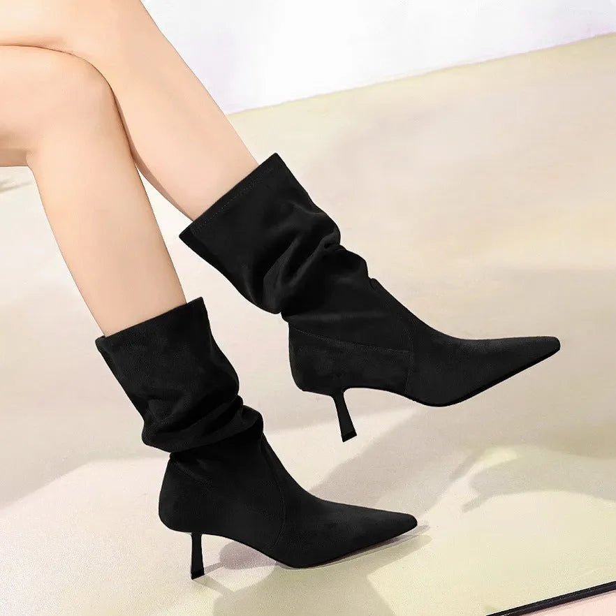 Women's mid-calf pointed toe stiletto boots with elastic pleated pile in solid colour with sewing line detail