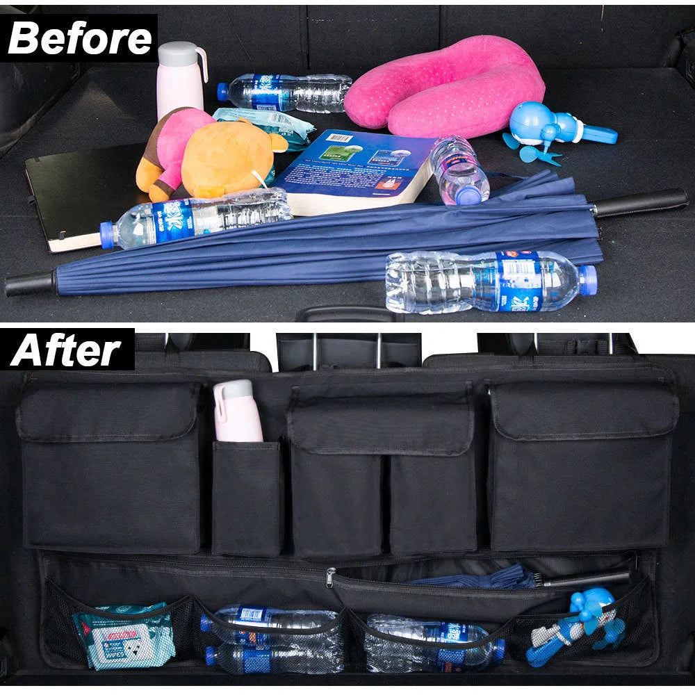 Black waterproof Oxford cloth car boot hanging storage bag with carry handle.