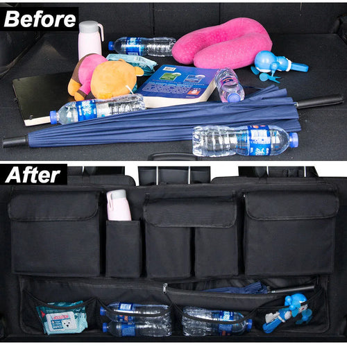 Black waterproof Oxford cloth car boot hanging storage bag with carry handle.