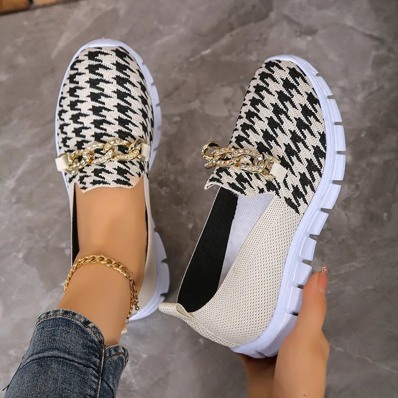 Women's casual houndstooth print chain mesh flat shoes with rubber sole and platform heel