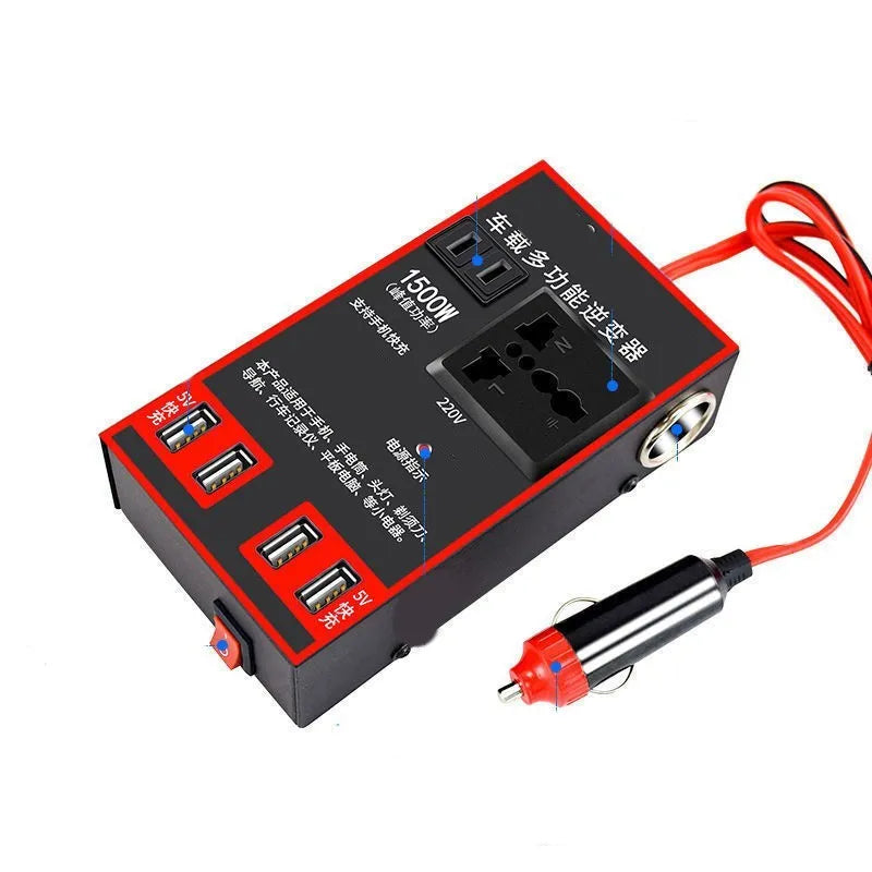 Black automotive 12V 24V to 220V power converter with AC socket and USB charging ports.
