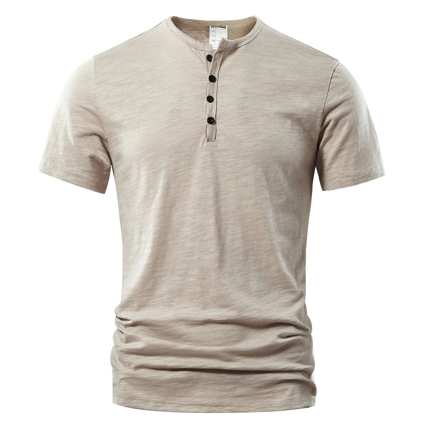 Men's solid colour slub cotton short sleeve T-shirt on a hanger.
