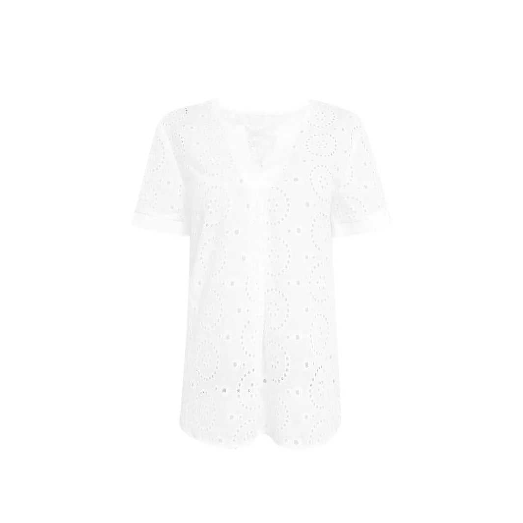White women's V-neck T-shirt with hollow-out design detail and short sleeves.