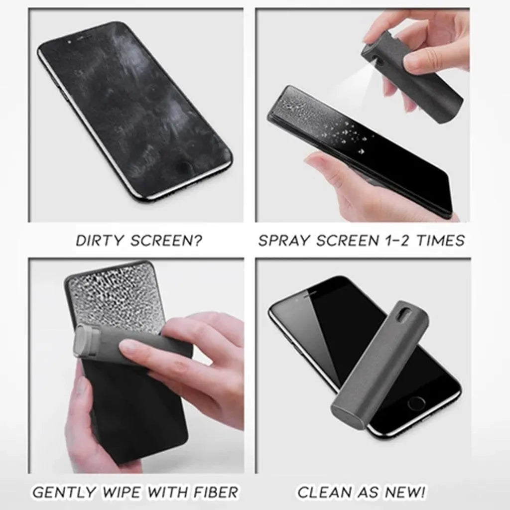 Portable screen cleaner bottle in blue and pink with attached microfiber cloth for cleaning phones and tablets