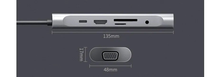 Grey aluminium USB C docking station with HDMI, VGA, and USB ports.