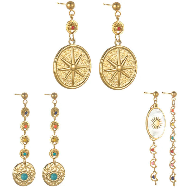 Stainless steel geometric earrings showing star, eye and shell sun design variations