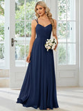 Women's sleeveless banquet dress with pleated A-line long skirt in light green, showing sling neckline.
