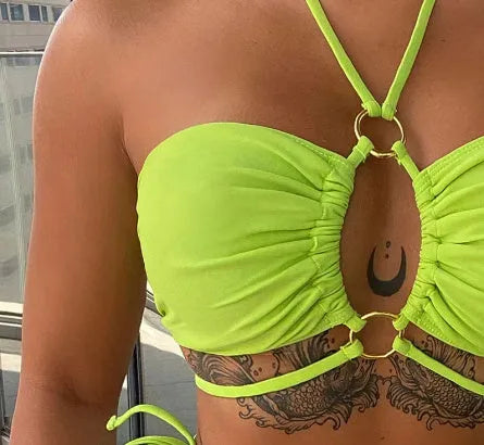 Women's yellow green triangle bikini swimsuit with front lace-up detail