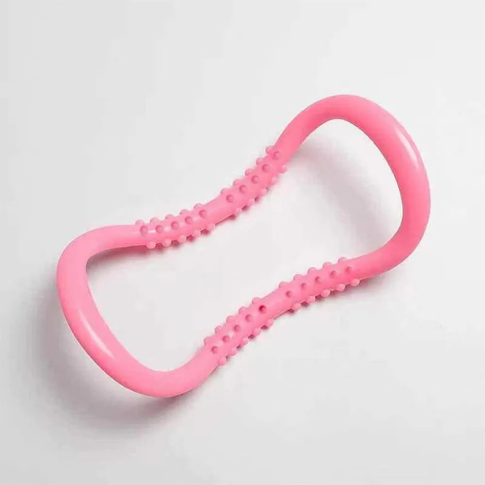 Purple, blue, and pink PP plastic yoga ring for stretching and back exercises.