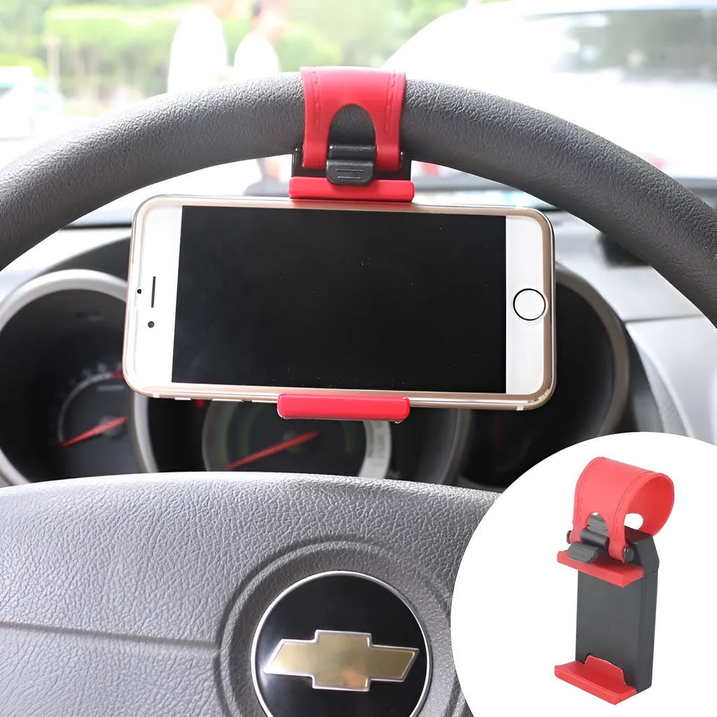 Black universal steering wheel phone clip holder mounted with a smartphone displaying a map.