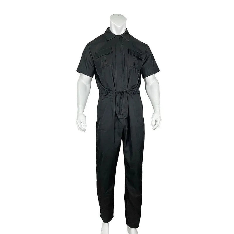 Men's cotton loose one-piece suit in black with top and shorts, front view, for performing arts