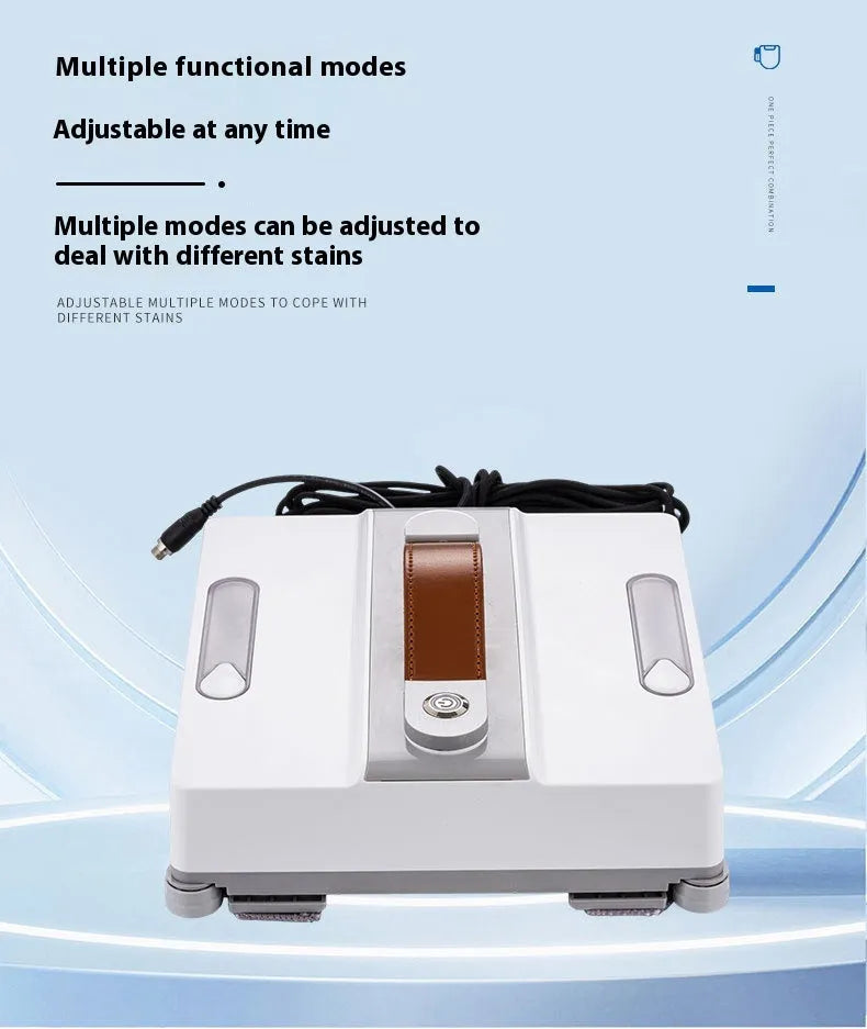 White intelligent window cleaning robot on a glass window, dimensions 220mm by 220mm by 70mm.