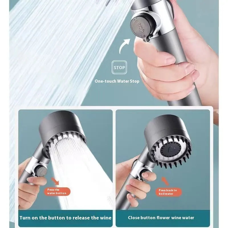 White portable massage shower head with three gear adjustment selector for spray, massage, and rain functions