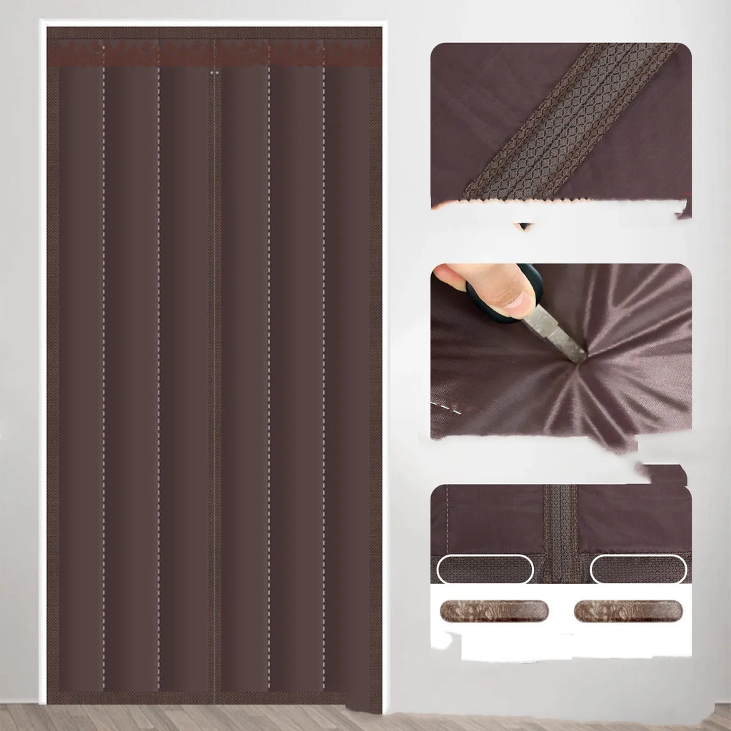 Thick Oxford cloth full seam magnetic strip door curtain in coffee vertical stripes for household doorway warmth