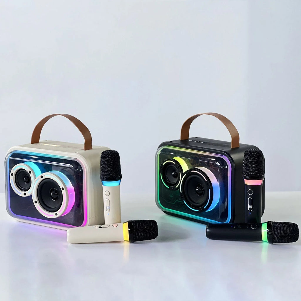 Light yellow and black Bluetooth karaoke speaker with RGB lighting and microphone options