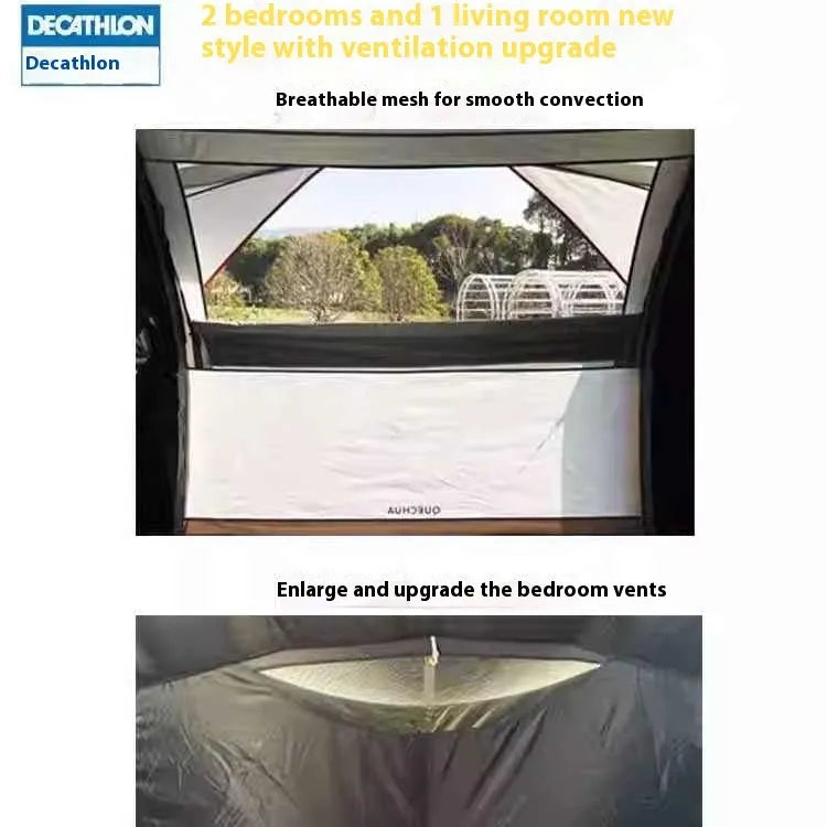 Inflatable 4-person camping tent with rainfly and hand pump for outdoor use