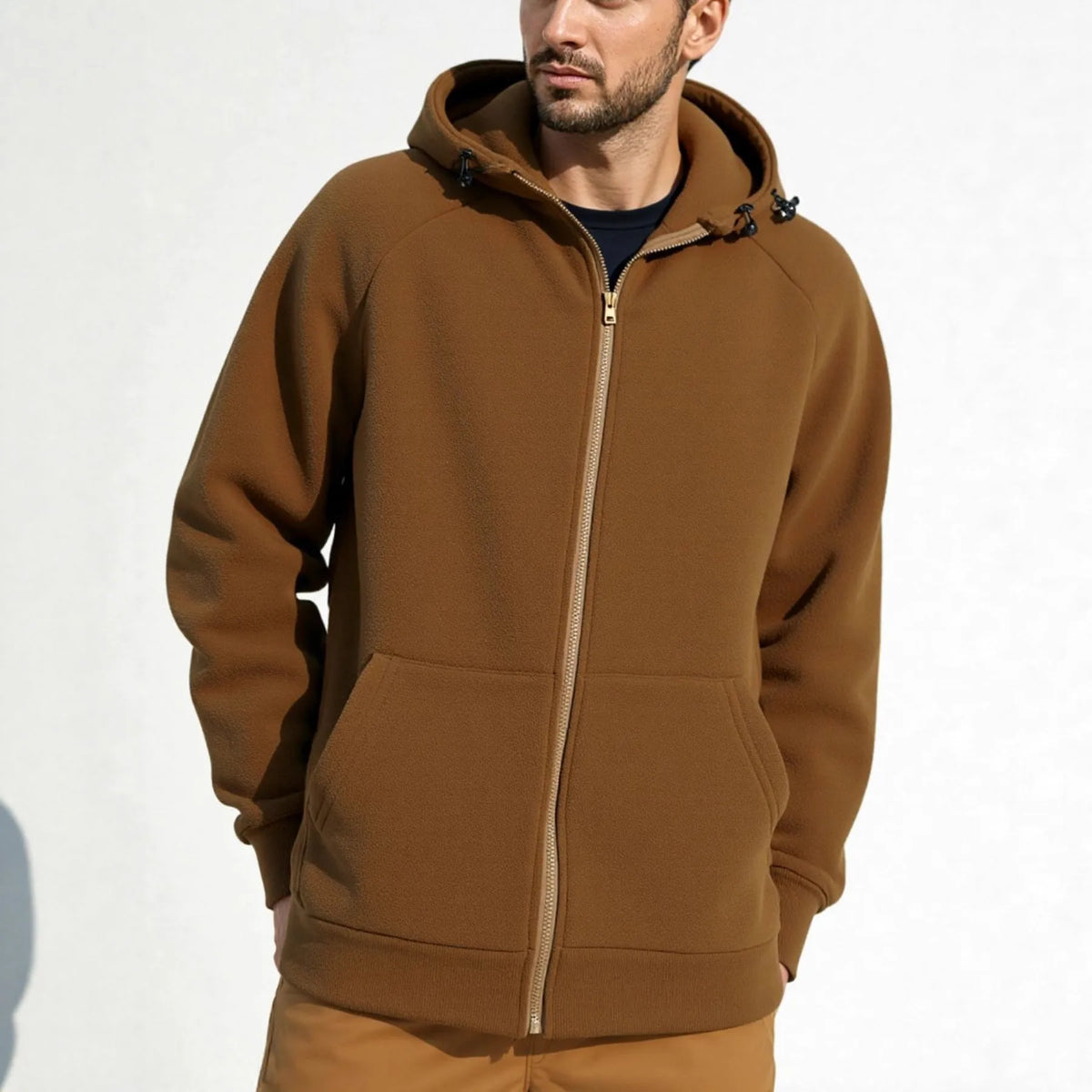 Solid colour full zipper hooded jacket for men in brown, polyester fibre long sleeve casual sweater