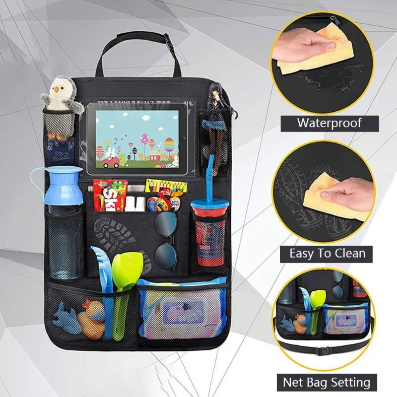 Black Oxford fabric car seat back pocket storage bag measuring 61x41cm