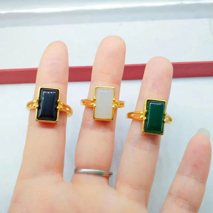 Adjustable gold-plated brass ring with artificial gemstone in national style design