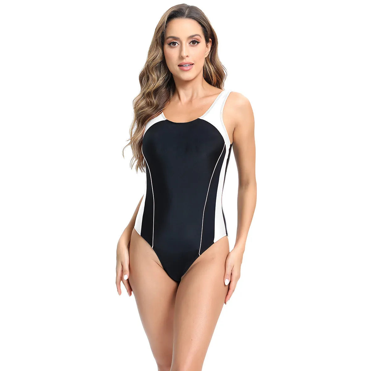 One-piece tight briefs sports swimsuit in chemical fibre blend fabric