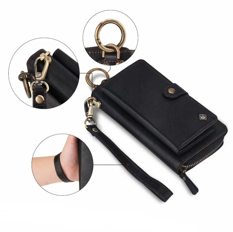 Black imitation leather multi-function wallet phone case for Samsung Galaxy Note8 with zipper closure.