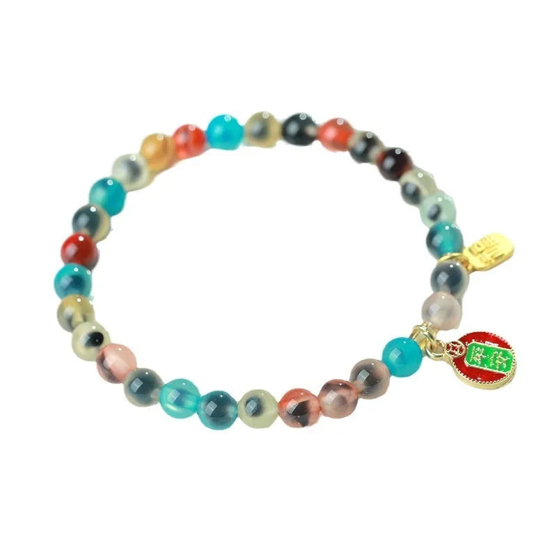 Natural colourful sugar heart agate and copper coin coloured glaze snake bracelet for women with traditional Chinese patterns