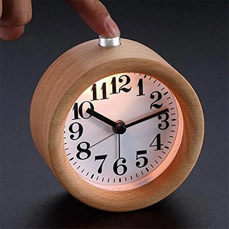 Solid beech wood silent alarm clock measuring 9.5cm with wood finish and clear dial