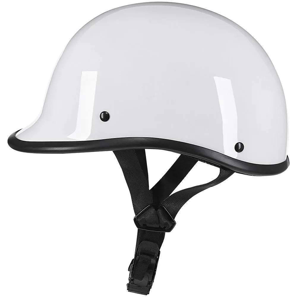 Retro-style helmet with hand-curved ABS shell shown in matte black, bright black, white, cement grey and carbon fibre finishes.
