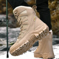 Men's beige cowhide leather hi-top hiking shoes with a platform sole on a neutral background.