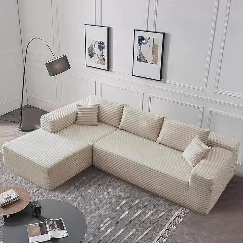 Modern minimalist flannel sofa in beige with clean lines suitable for living room or office setting