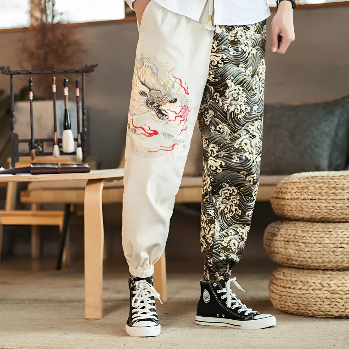 Embroidered silver dragon casual trousers in khaki, cotton fabric, mid waist, men's sizes M to 5XL