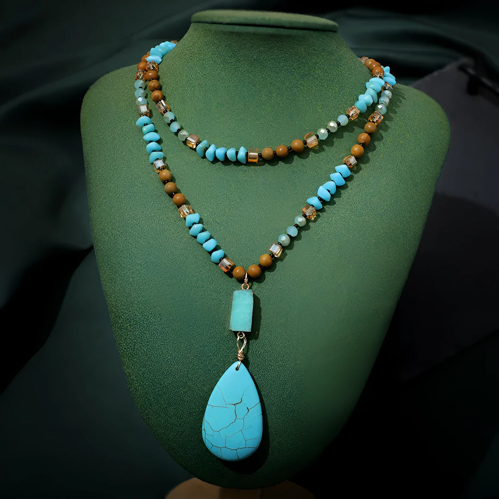 Turquoise blue water drop imitation mineral pendant necklace with ball bead chain