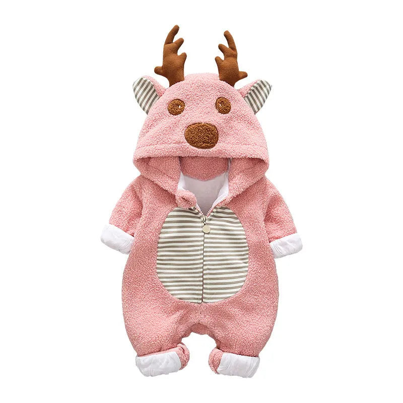 Long sleeve baby romper with lace-up strap closure in khaki, pink, and white colour options