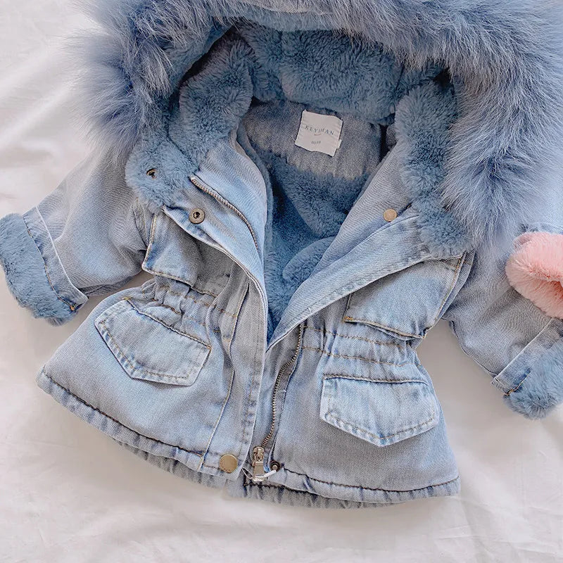 Girl's blue denim coat with an attached hood and plus velvet lining, shown on a hanger.
