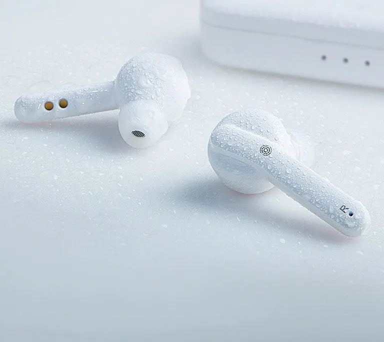 Black and white true wireless Bluetooth earbuds with IPX5 waterproof rating.