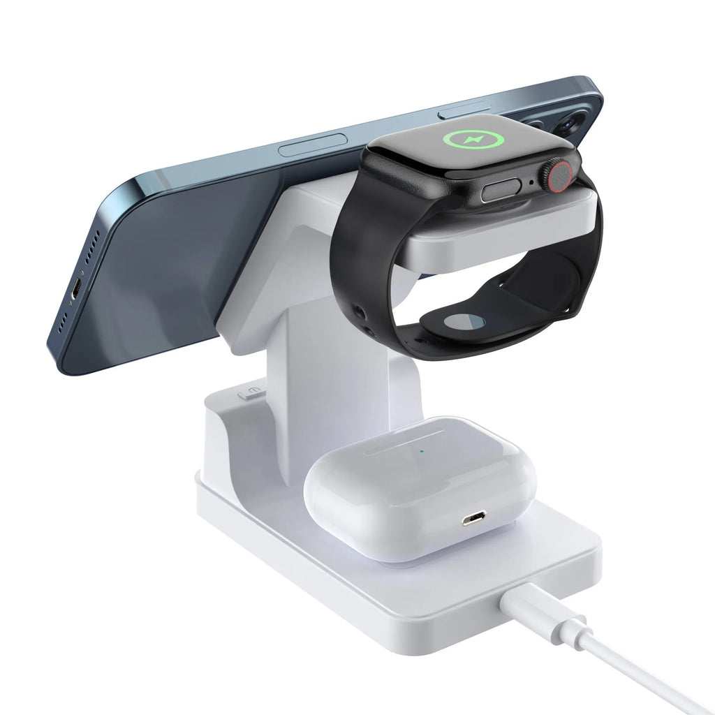 Black magnetic three-in-one wireless charger with clock and three charging pads on a desk