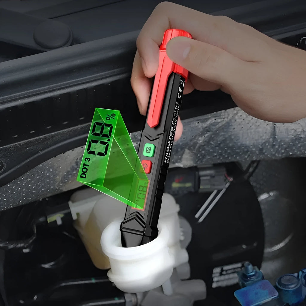Digital display brake fluid tester pen in colour box packaging with batteries and manual.