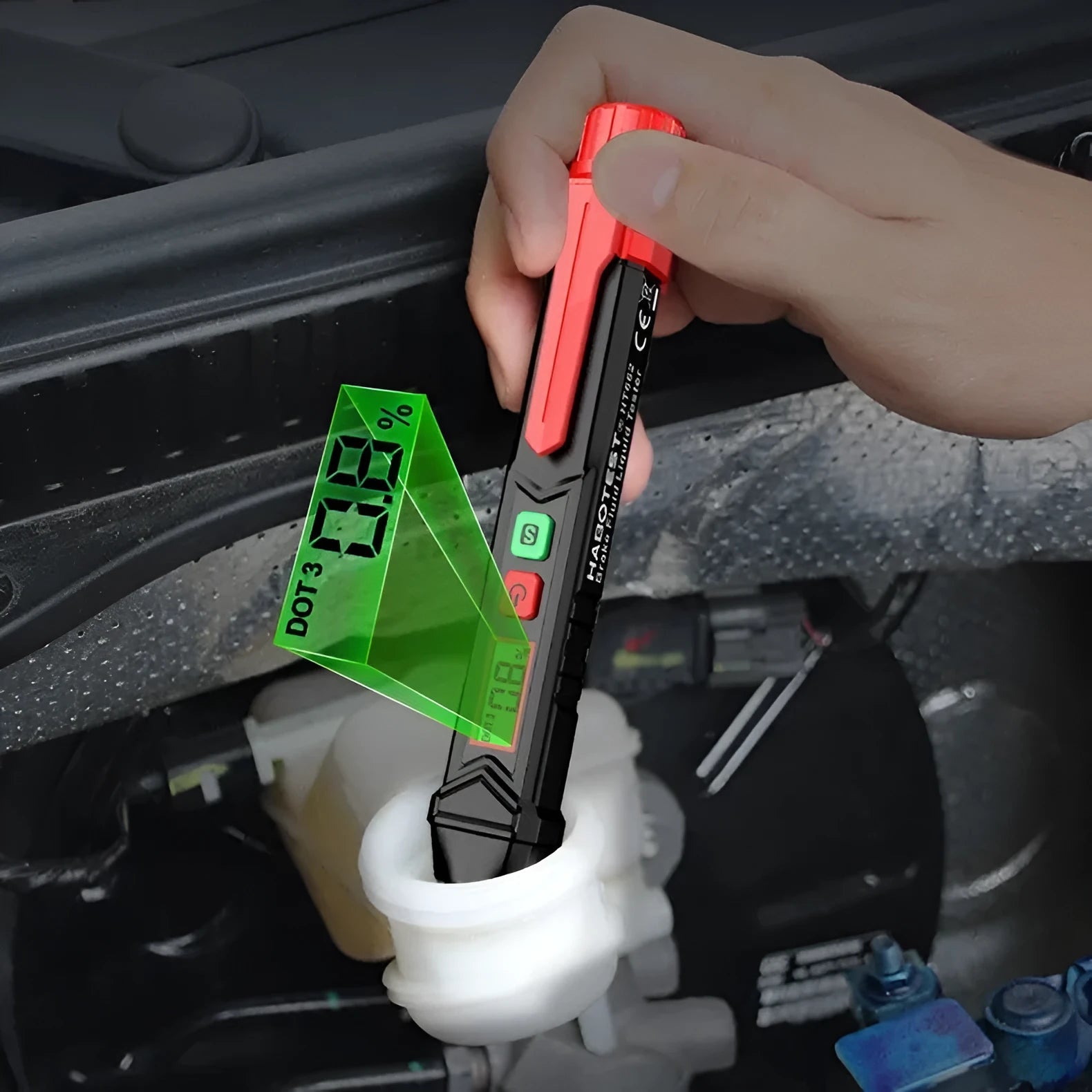 Digital display brake fluid tester pen in colour box packaging with batteries and manual.