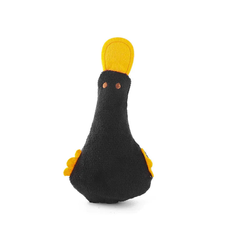 Colourful plush duck pet toy with catnip, a squeaker, and crinkly rattle paper for cats and dogs.
