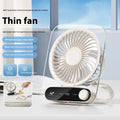 Ultra-thin desktop digital display fan with night lamp in Ling transparent white, plastic blade, USB charging, 3000mAh battery