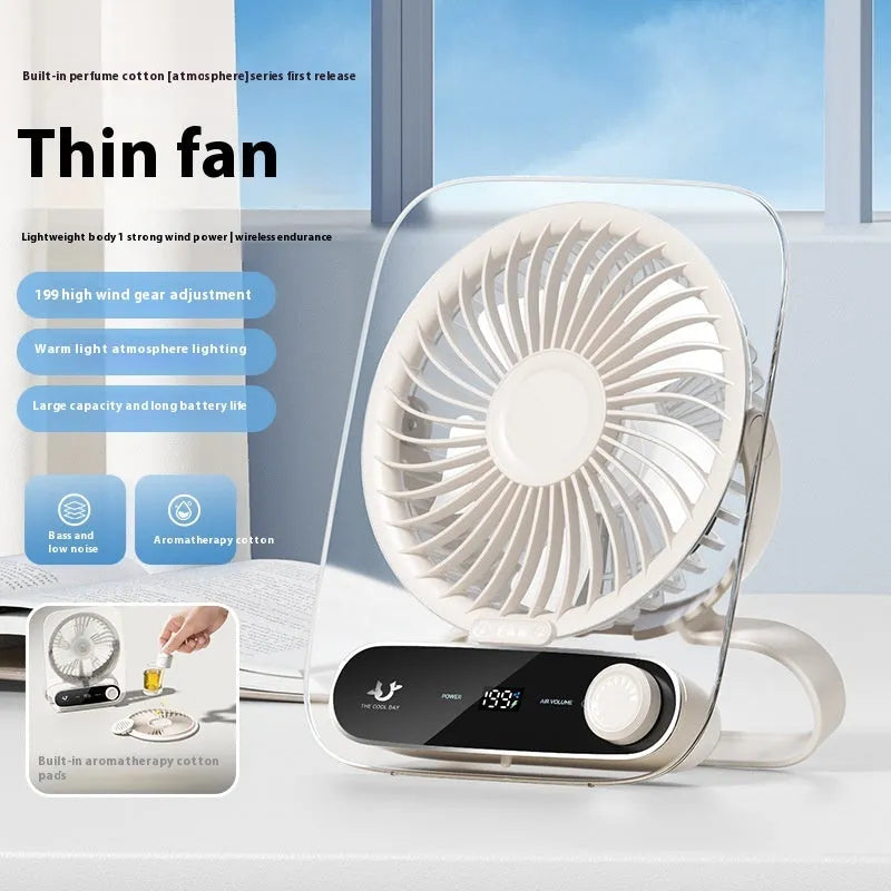 Ultra-thin desktop digital display fan with night lamp in Ling transparent white, plastic blade, USB charging, 3000mAh battery