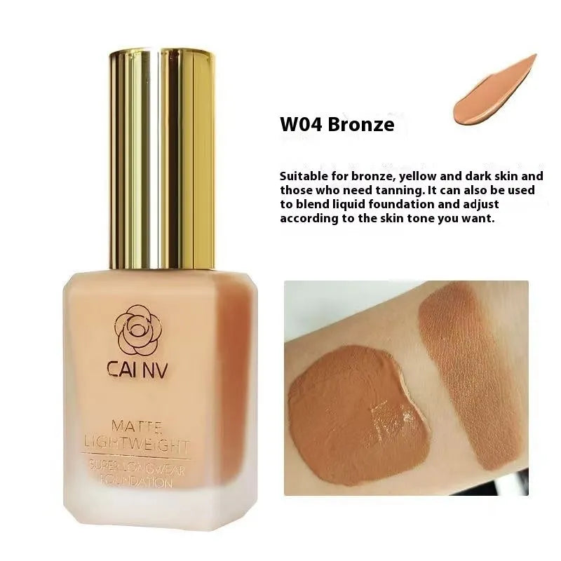 Liquid foundation bottle with discolouration resistance for mixed skin types in six shade options