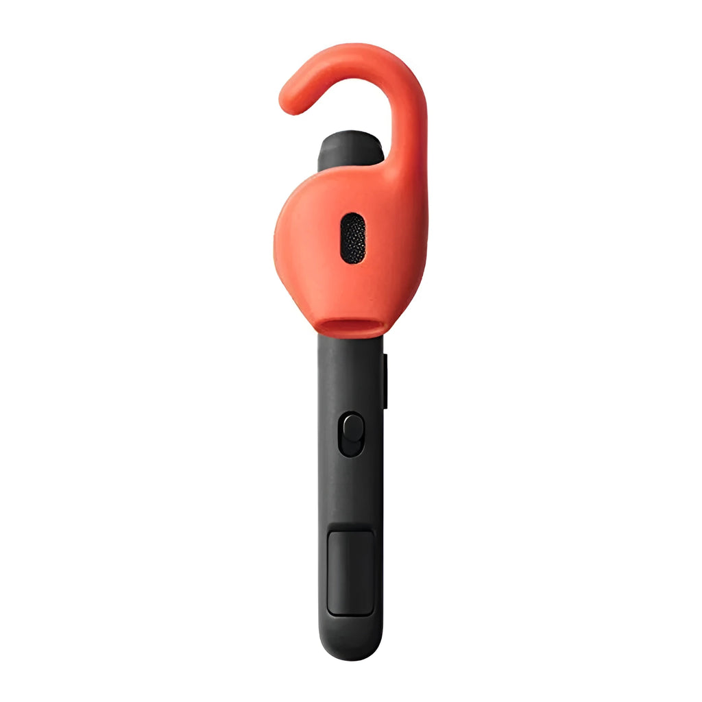 Black Bluetooth earphone with behind-the-ear design showing earpiece and control buttons