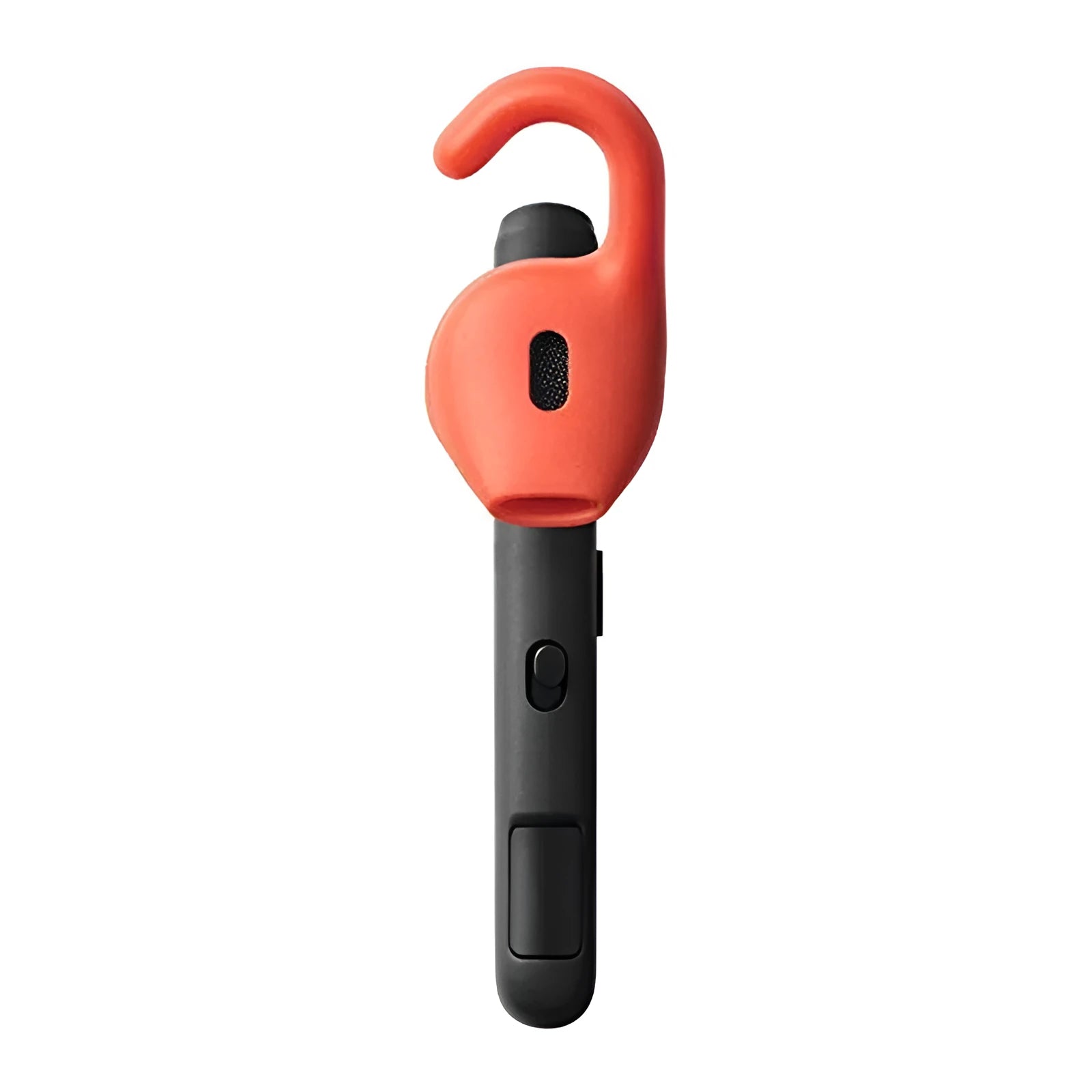 Black Bluetooth earphone with behind-the-ear design showing earpiece and control buttons